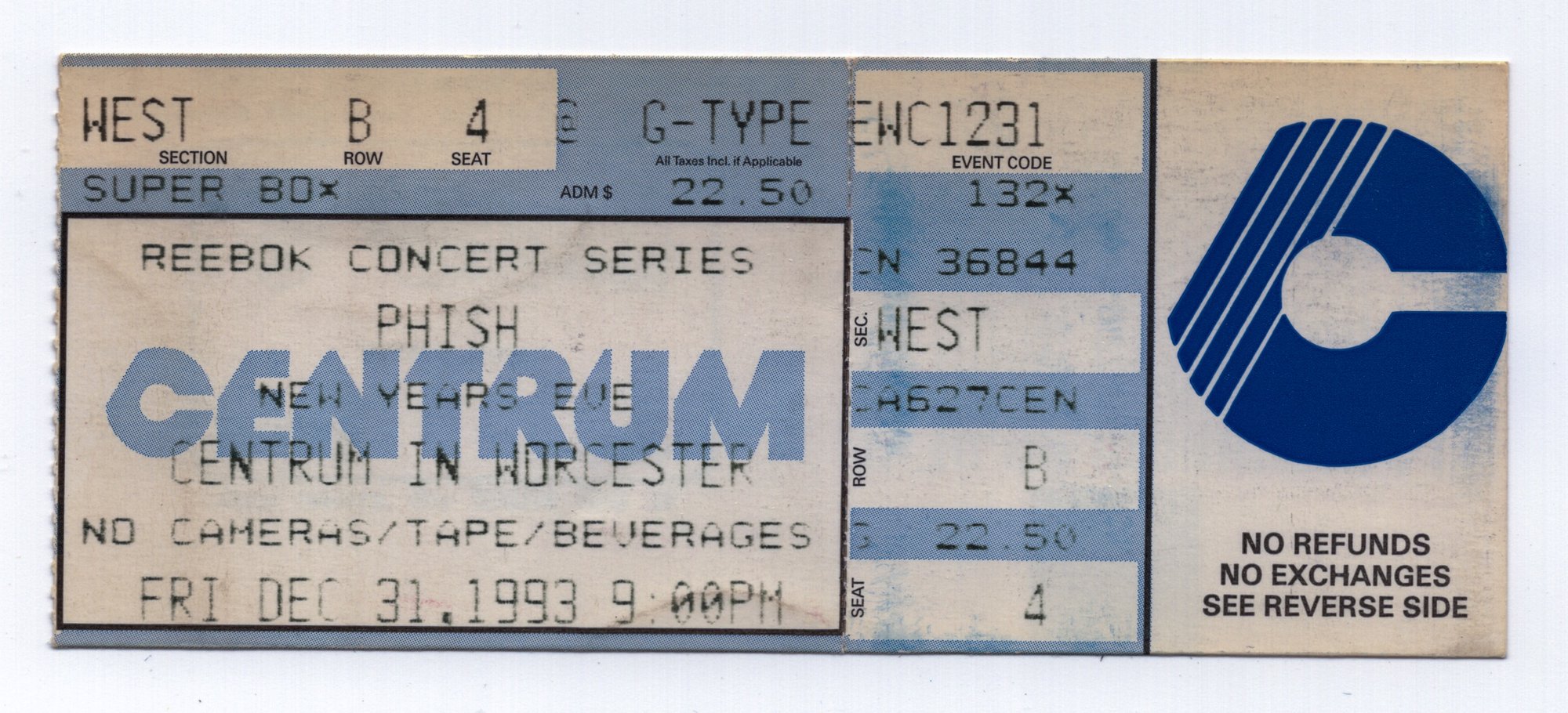 Ticket for 1993-12-31 at Worcester Centrum Centre