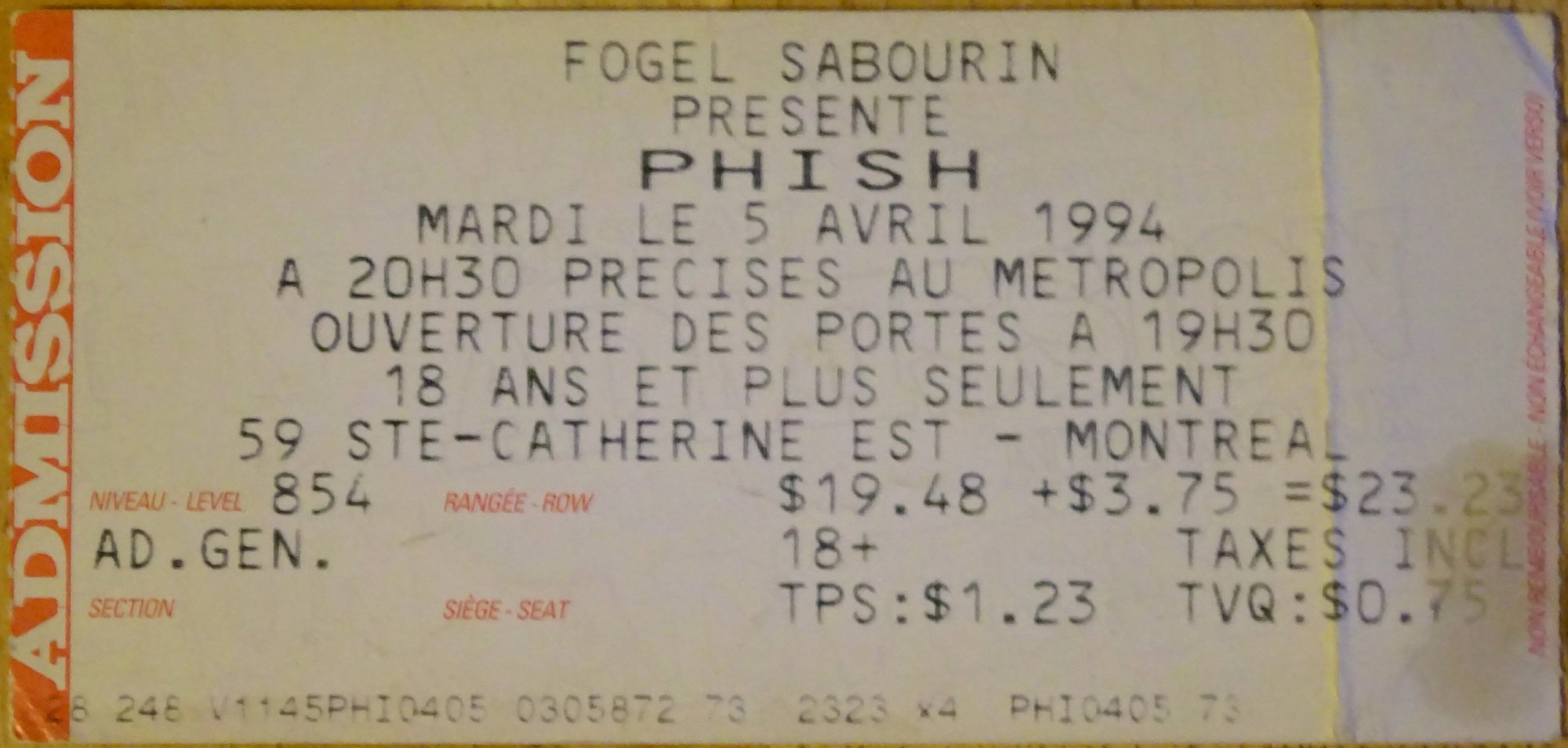 Ticket for 1994-04-05 at The Metropolis