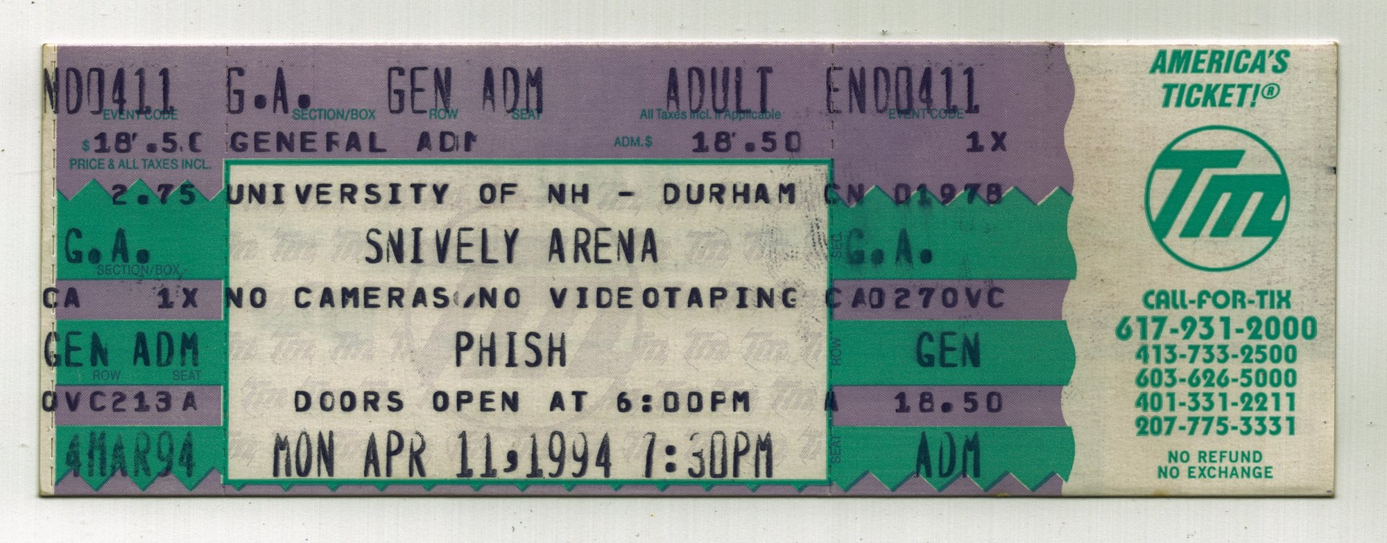 Ticket for 1994-04-11 at Snively Arena
