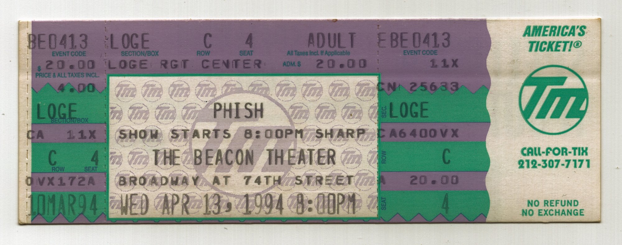 Ticket for 1994-04-13 at Beacon Theatre