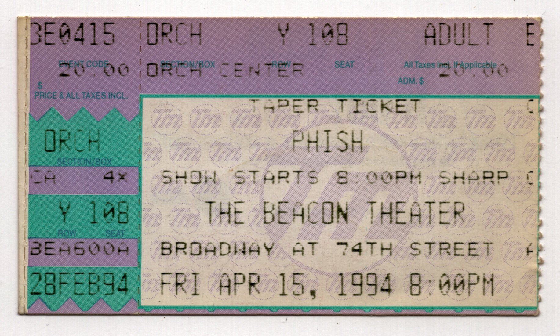 Ticket for 1994-04-15 at Beacon Theatre