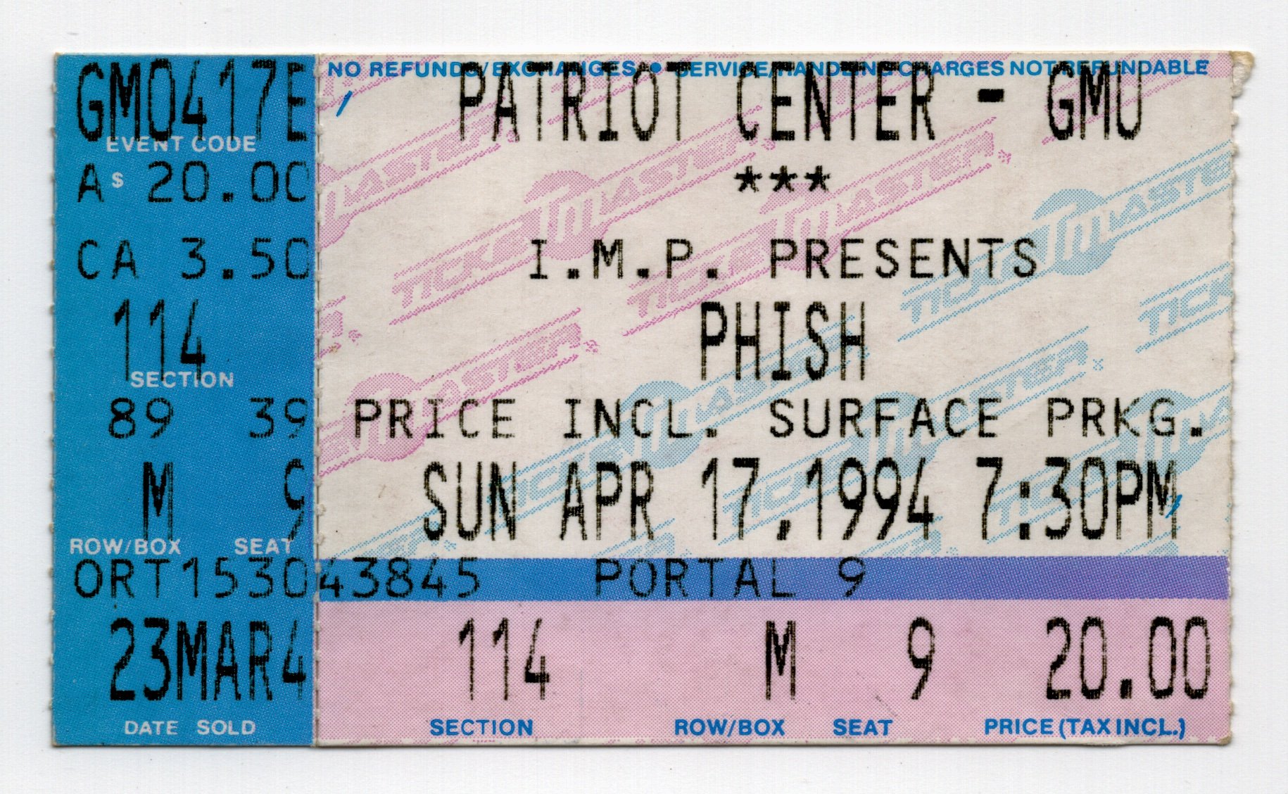 Ticket for 1994-04-17 at Patriot Center