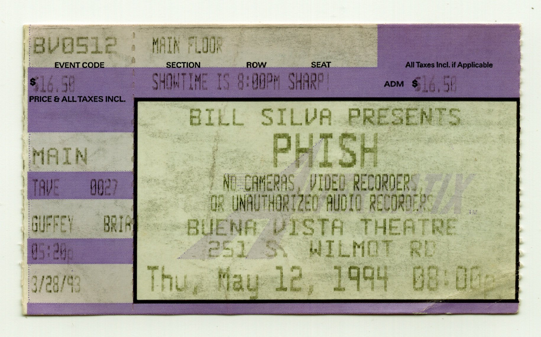 Ticket for 1994-05-12 at Buena Vista Theater