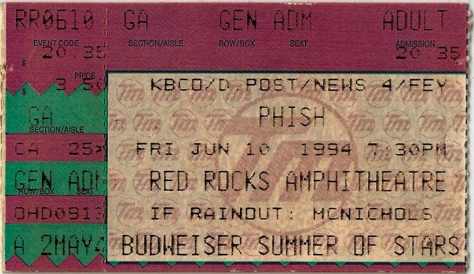 Ticket for 1994-06-10 at Red Rocks Amphitheatre