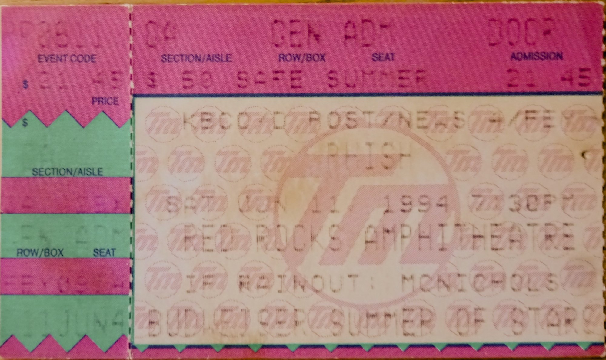 Ticket for 1994-06-11 at Red Rocks Amphitheatre