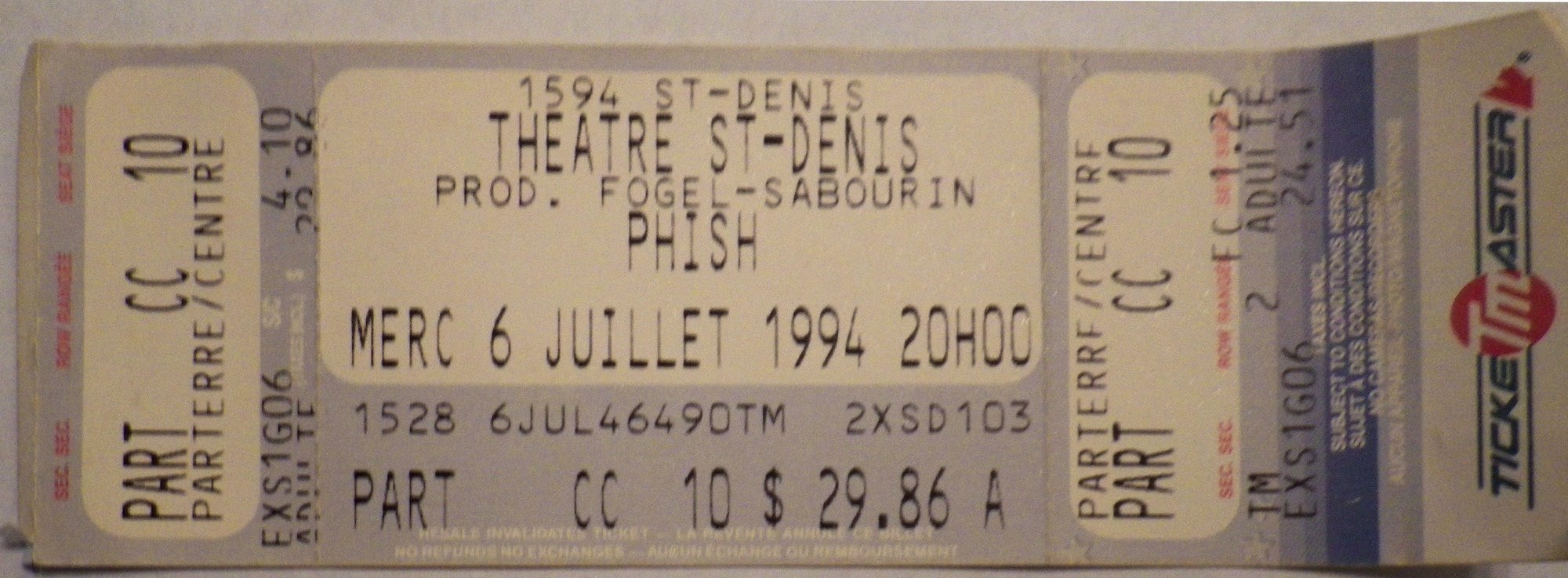Ticket for 1994-07-06 at Theatre St. Denis