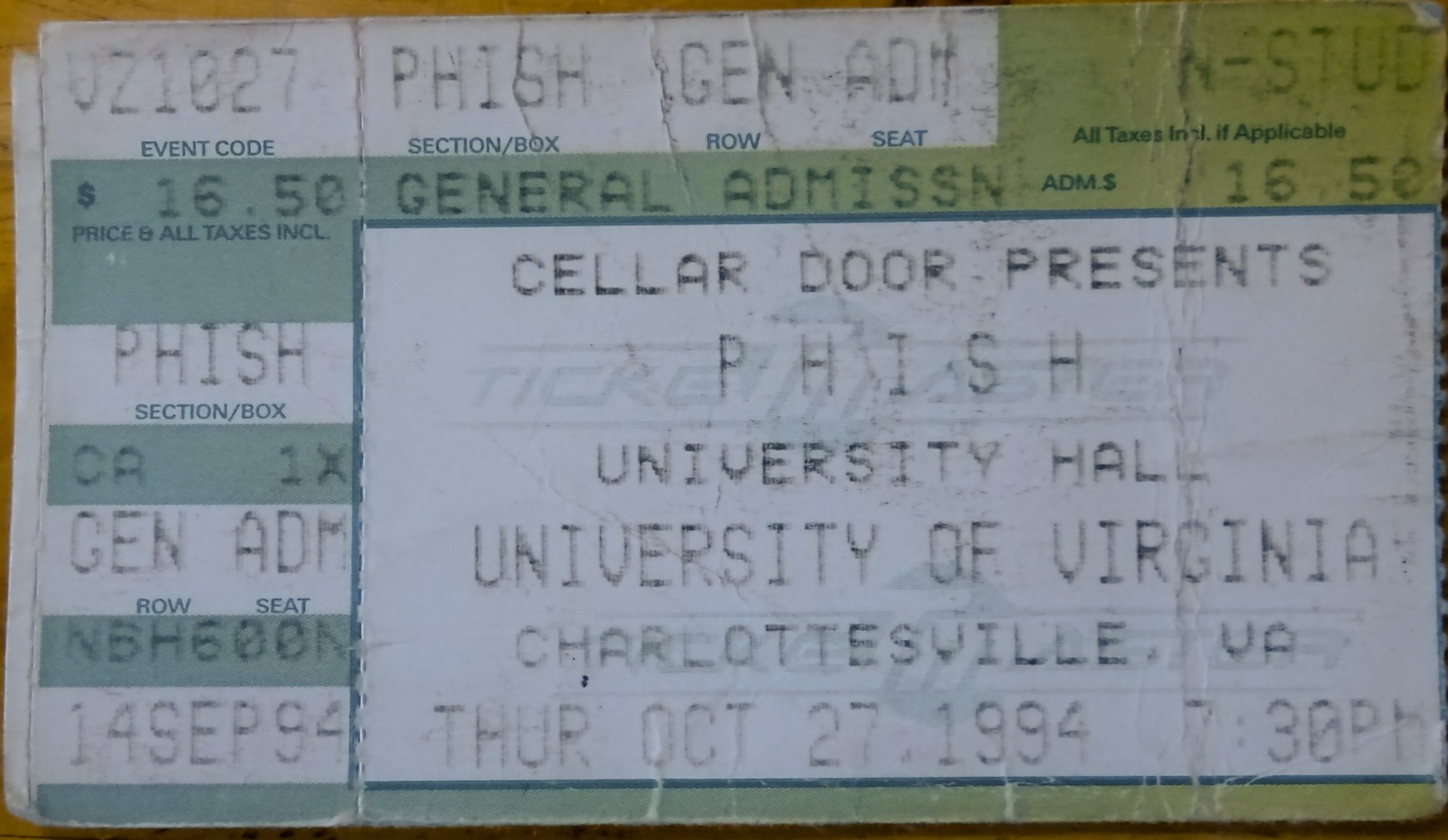 Ticket for 1994-10-27 at University Hall