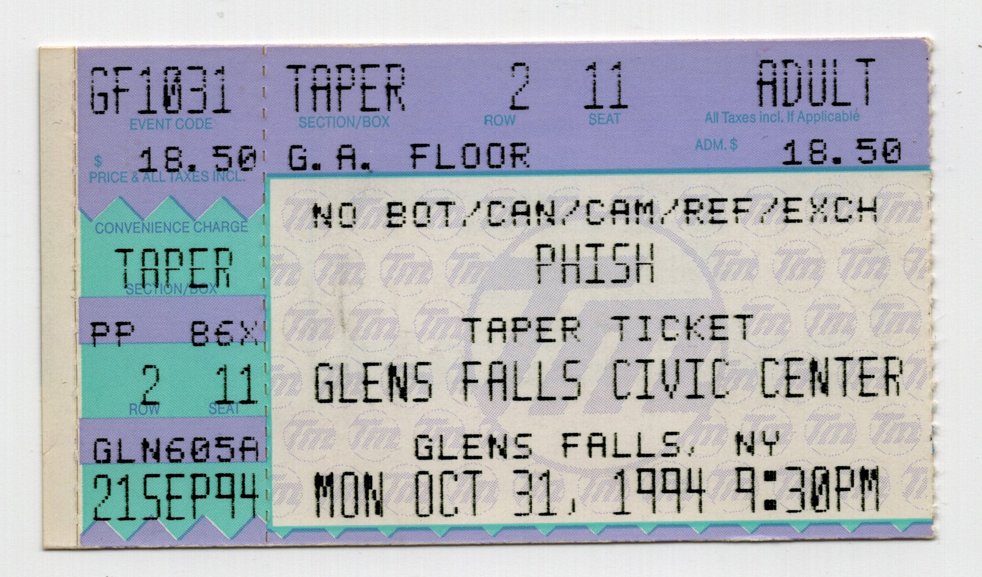 Ticket for 1994-10-31 at Glens Falls Civic Center