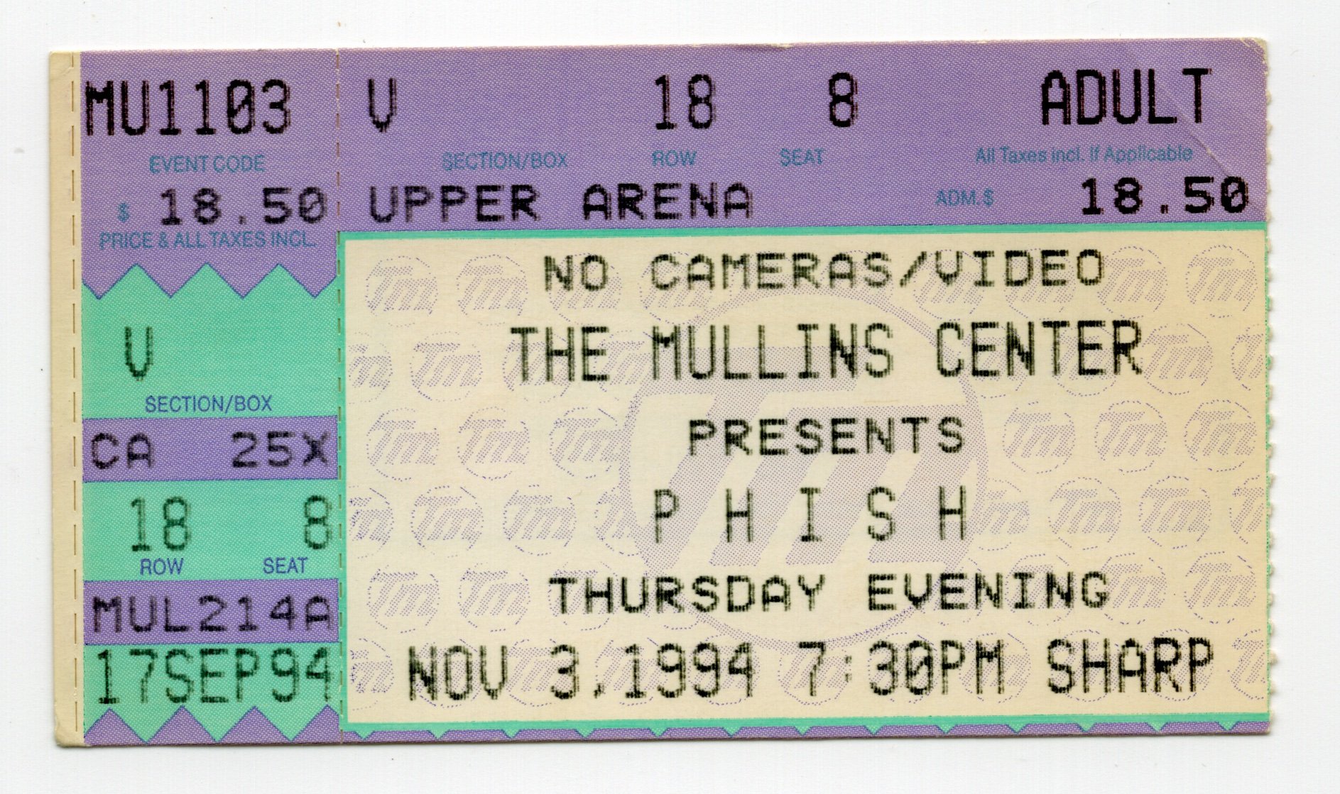 Ticket for 1994-11-03 at Mullins Center