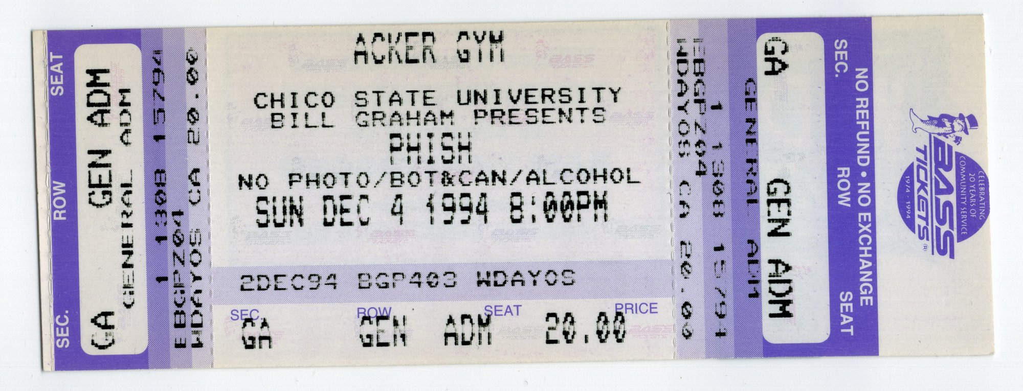 Ticket for 1994-12-04 at Acker Gym