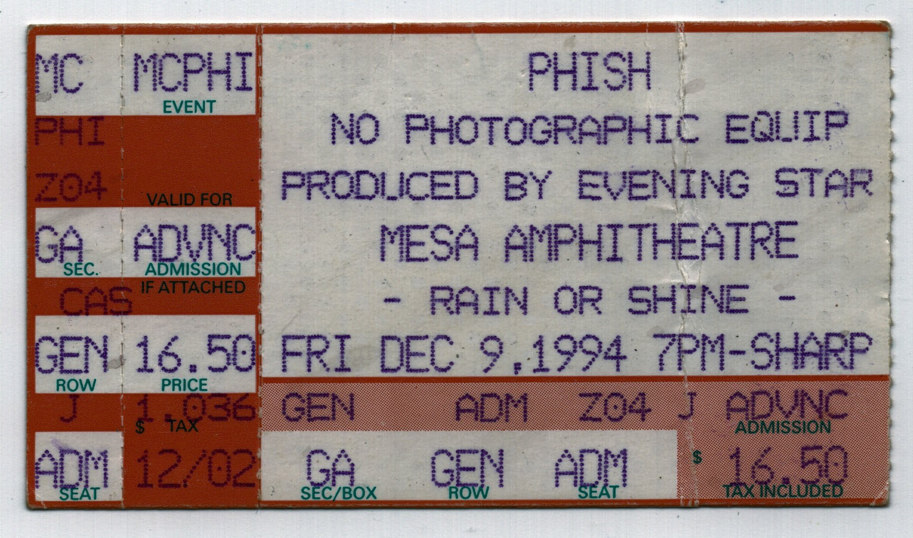 Ticket for 1994-12-09 at Mesa Amphitheatre