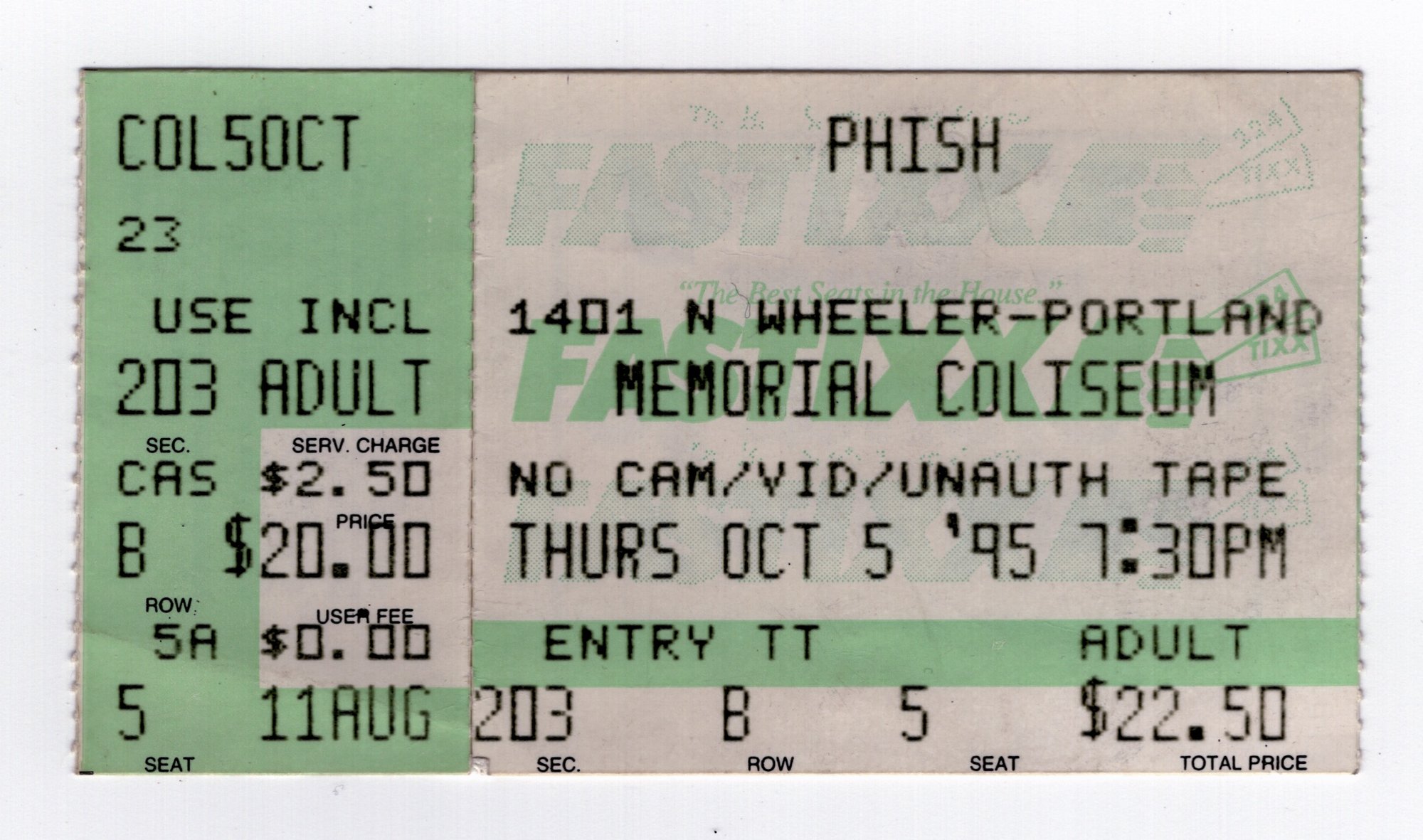 Ticket for 1995-10-05 at Memorial Coliseum