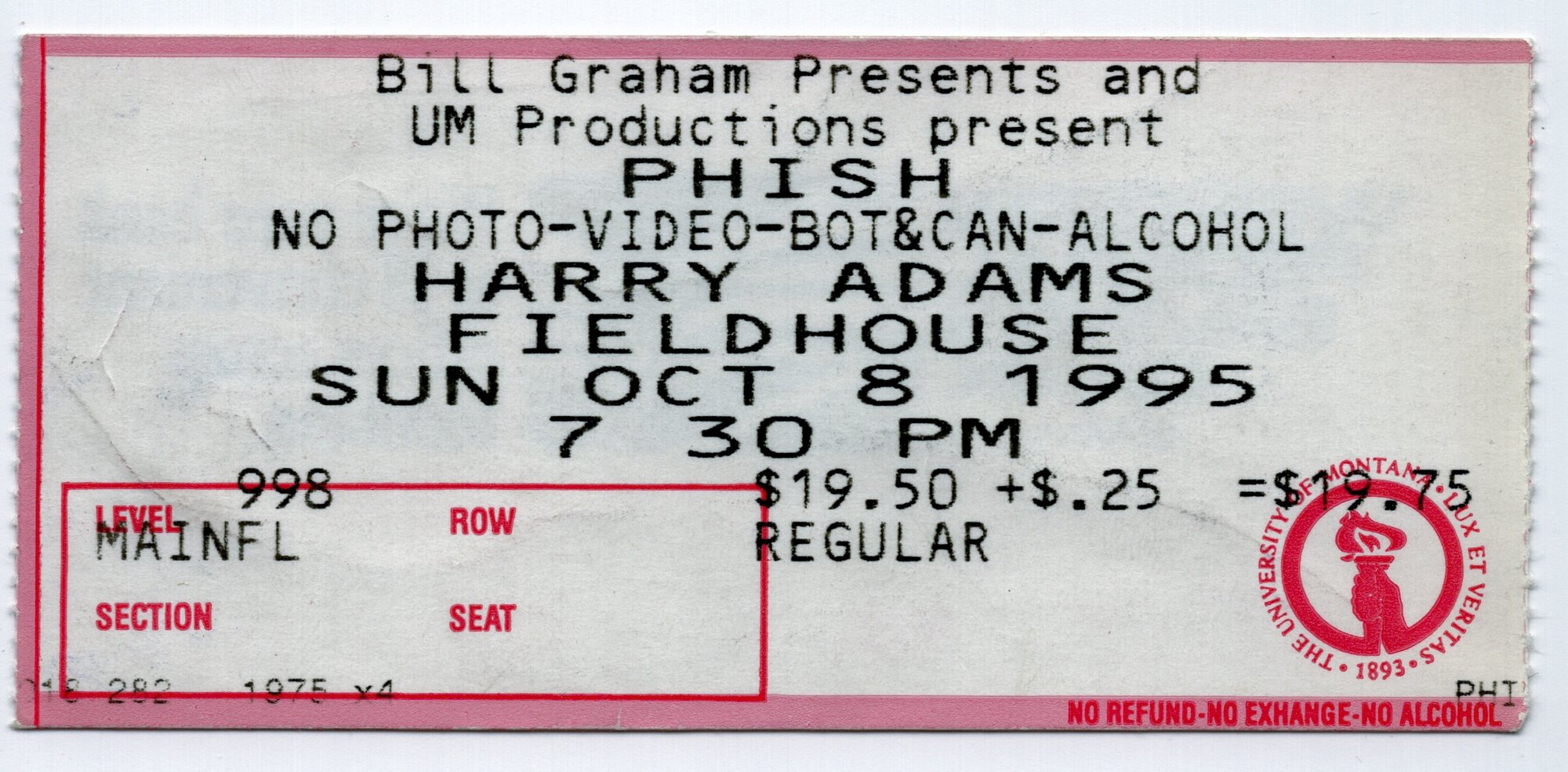 Ticket for 1995-10-08 at Adams Fieldhouse