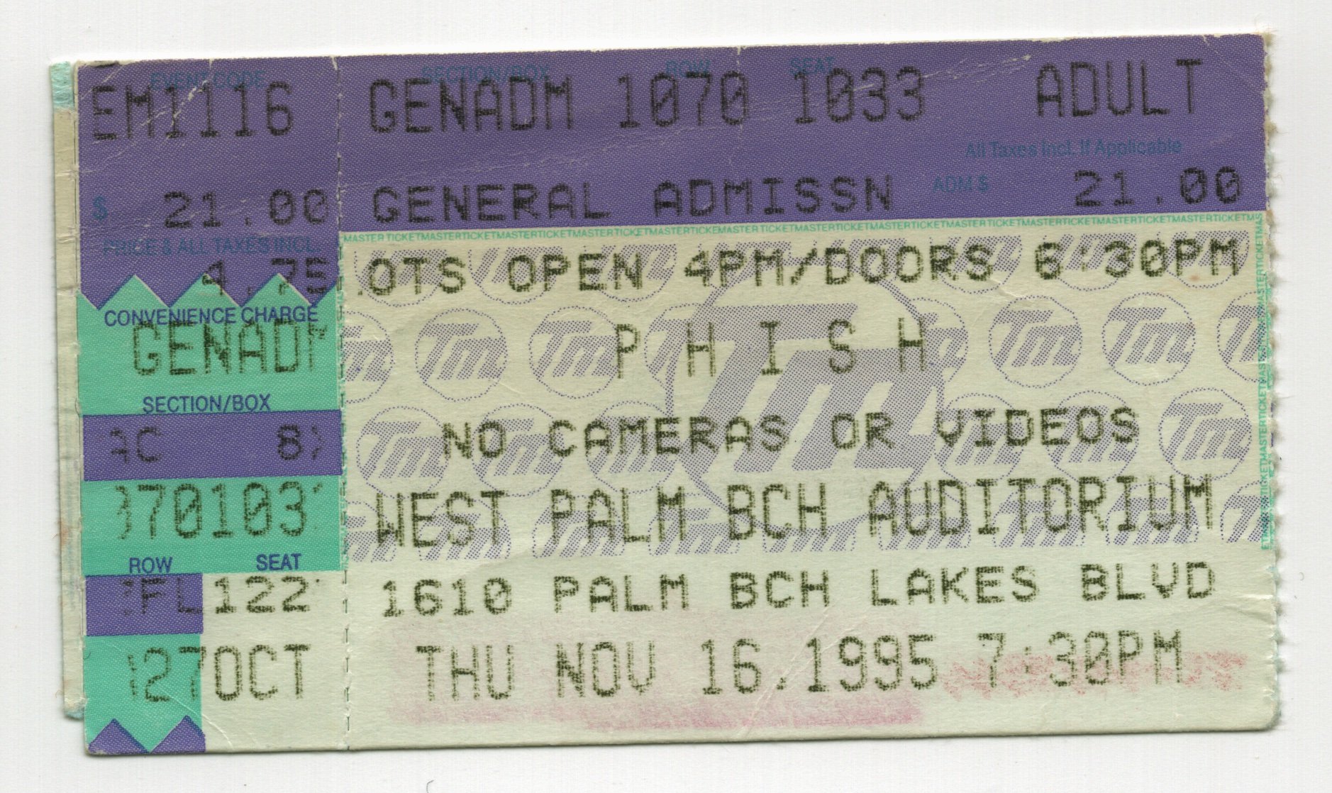 Ticket for 1995-11-16 at West Palm Beach Amphitheatre