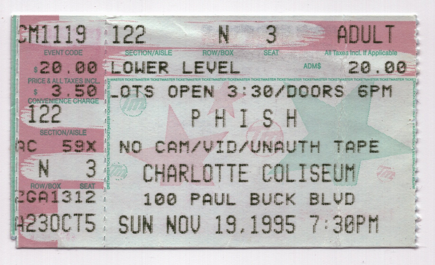 Ticket for 1995-11-19 at Charlotte Coliseum