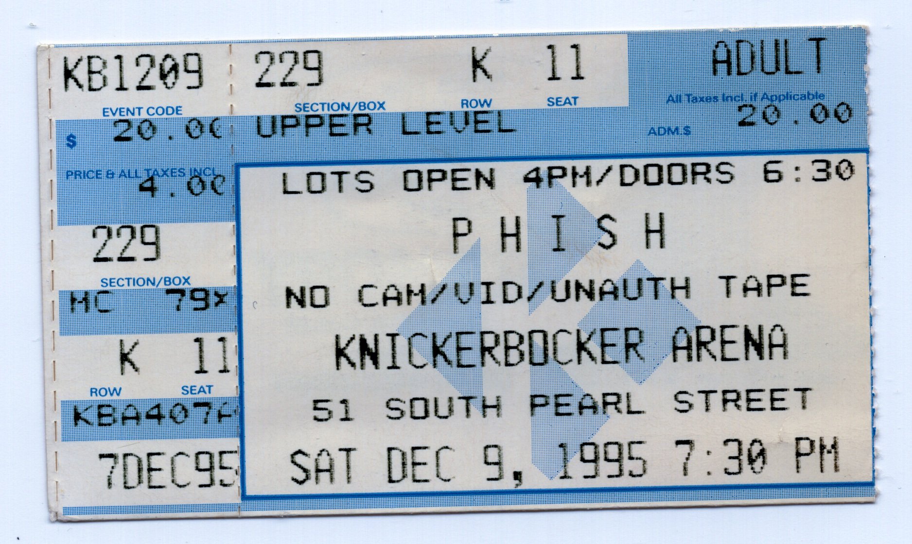 Ticket for 1995-12-09 at Knickerbocker Arena