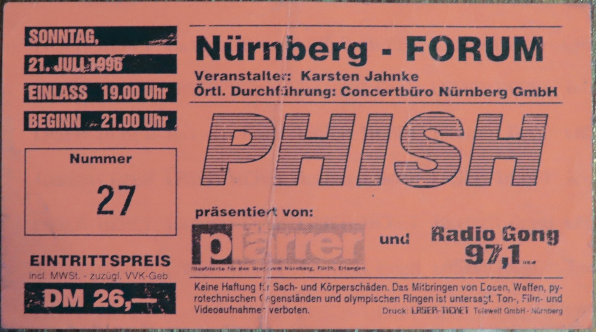 Ticket for 1996-07-21 at The Forum