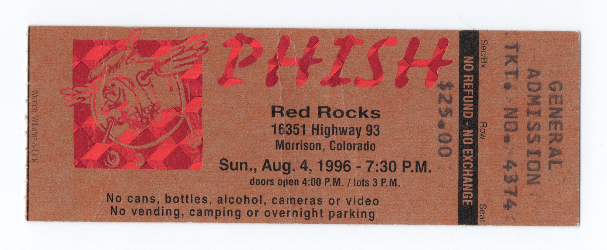 Ticket for 1996-08-04 at Red Rocks Amphitheatre