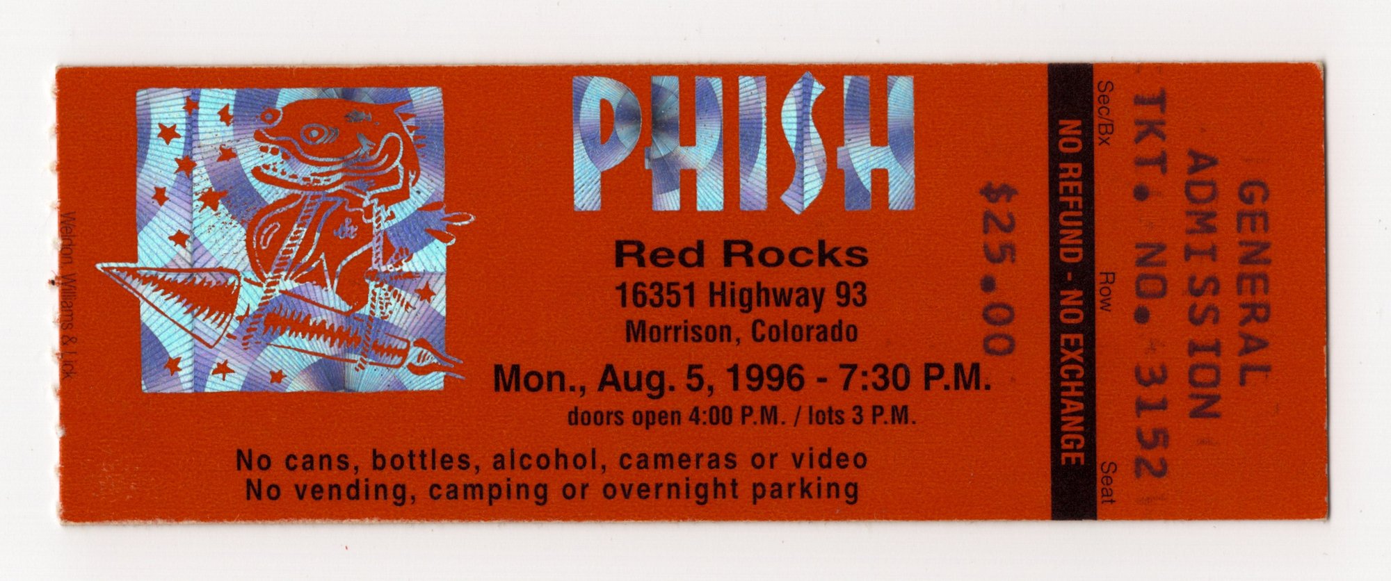 Ticket for 1996-08-05 at Red Rocks Amphitheatre