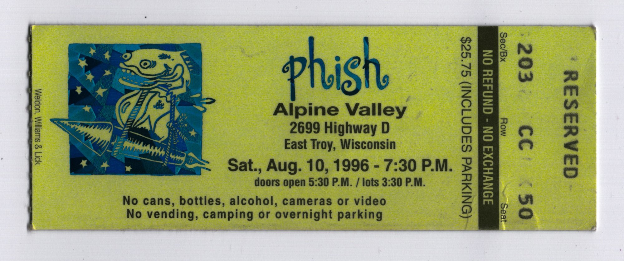 Ticket for 1996-08-10 at Alpine Valley
