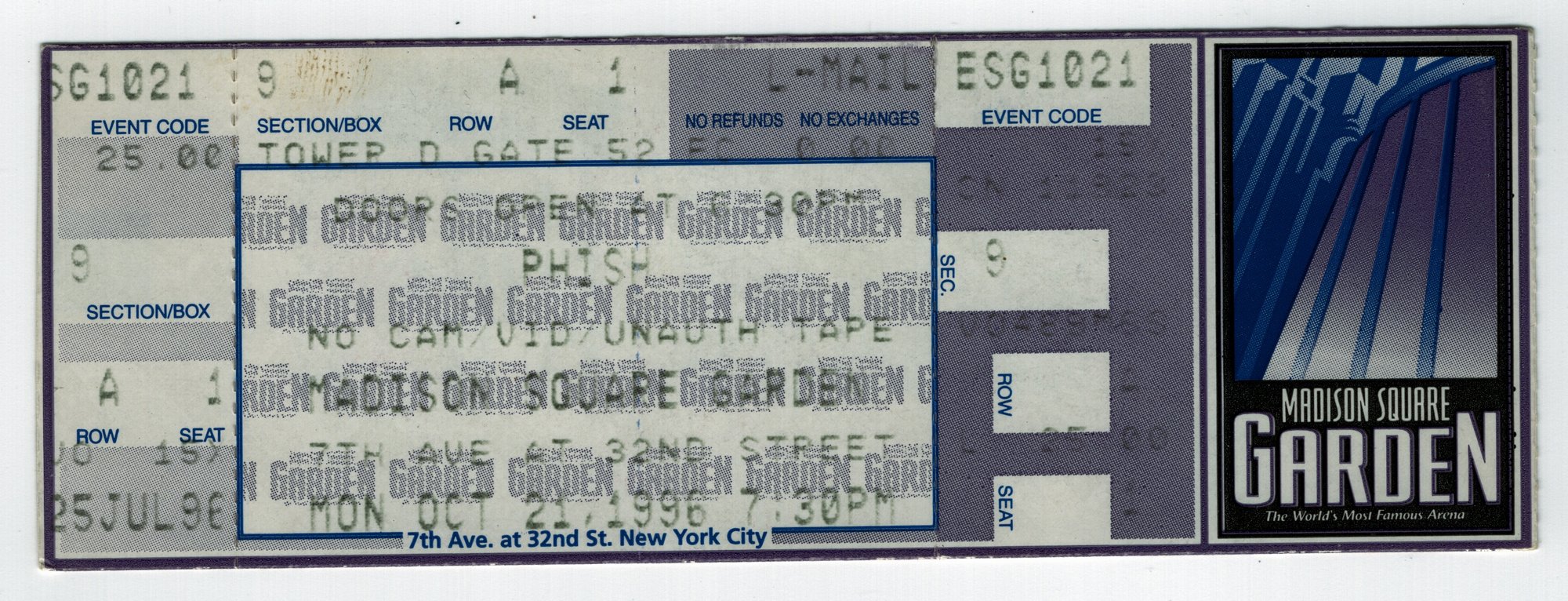 Ticket for 1996-10-21 at Madison Square Garden