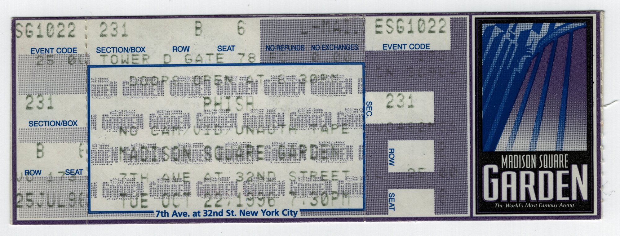 Ticket for 1996-10-22 at Madison Square Garden