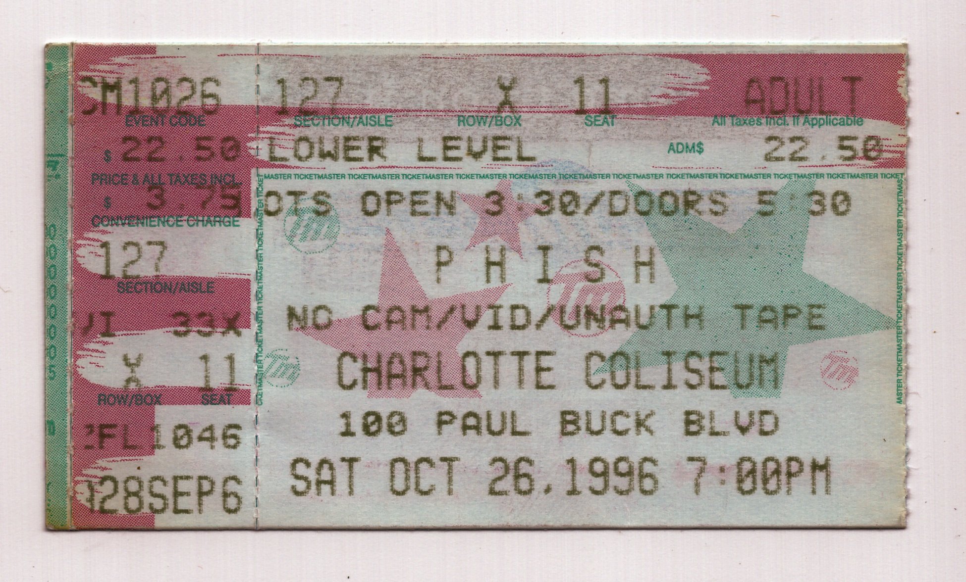 Ticket for 1996-10-26 at Charlotte Coliseum