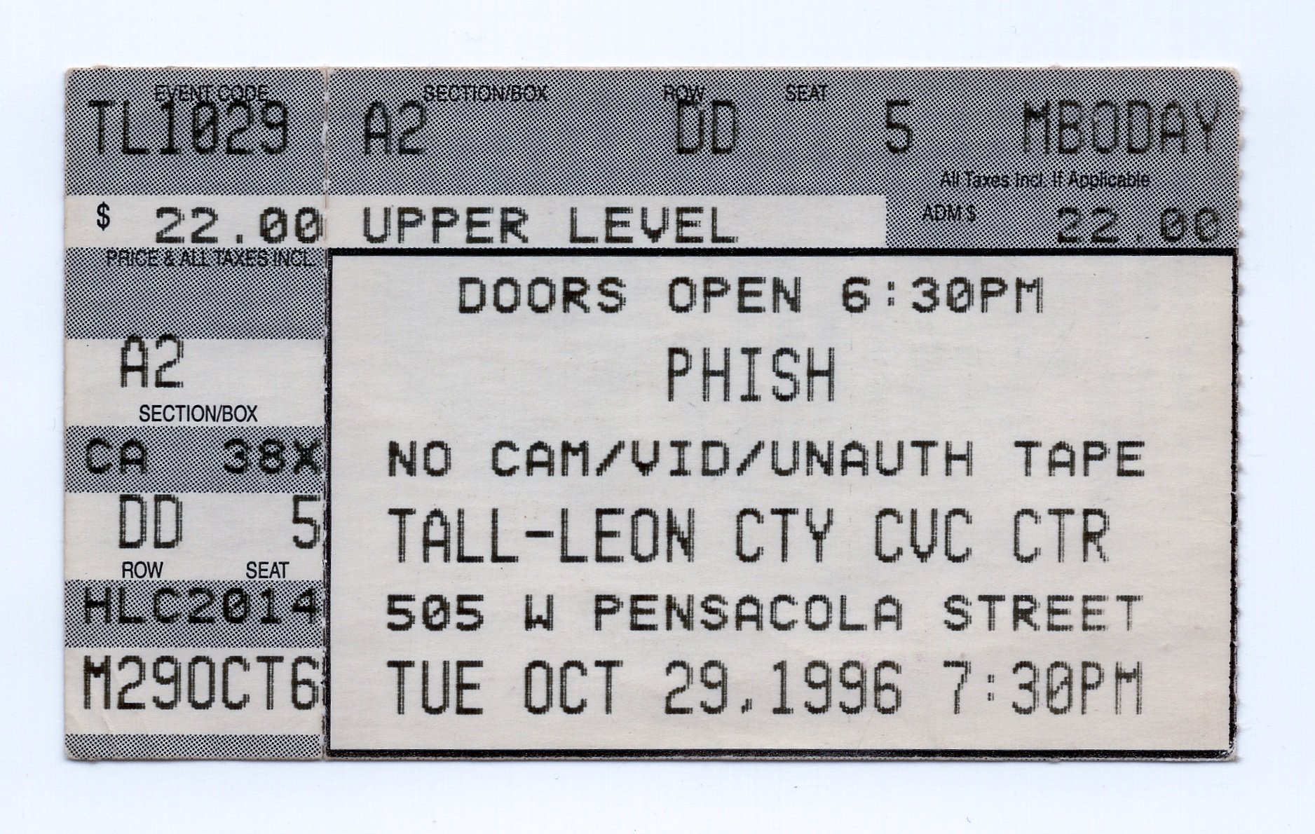 Ticket for 1996-10-29 at Leon County Civic Center