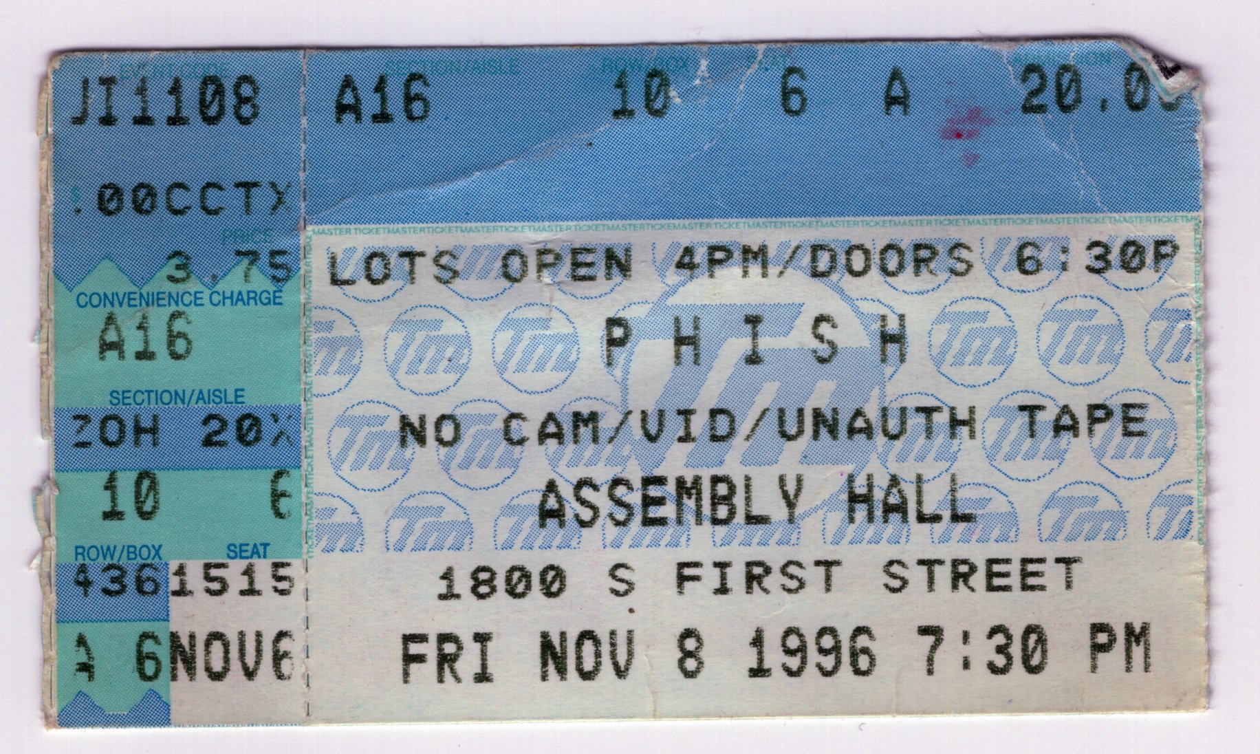 Ticket for 1996-11-08 at Assembly Hall
