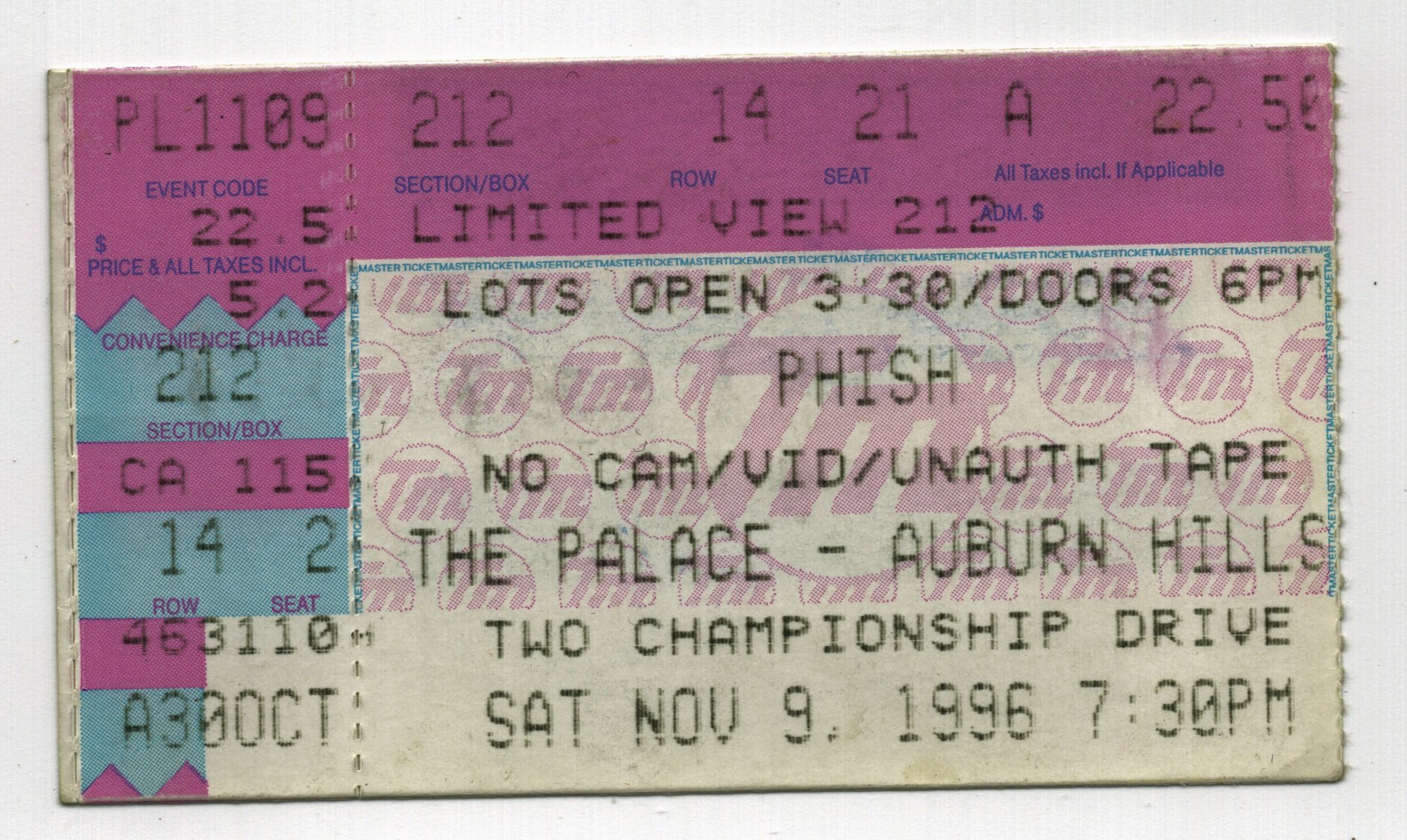 Ticket for 1996-11-09 at The Palace