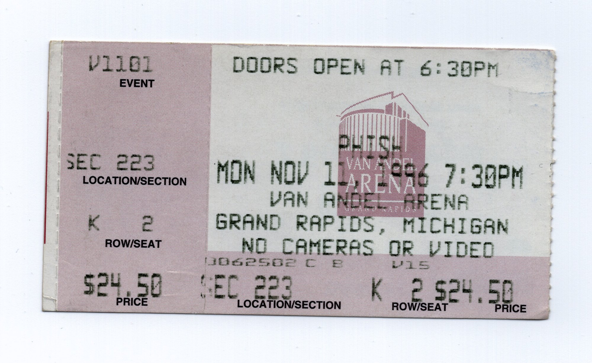 Ticket for 1996-11-11 at Van Andel Arena