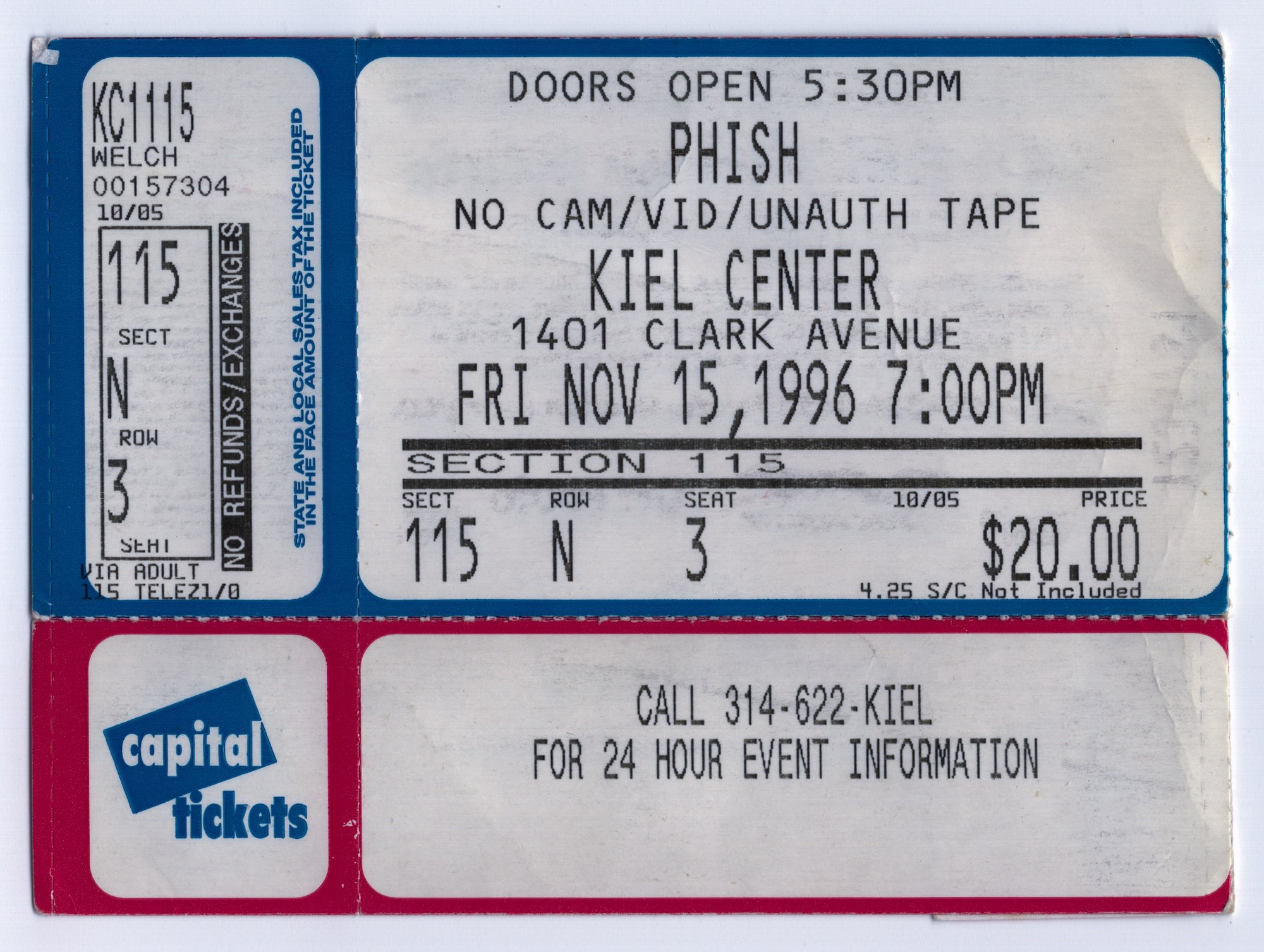 Ticket for 1996-11-15 at Kiel Center