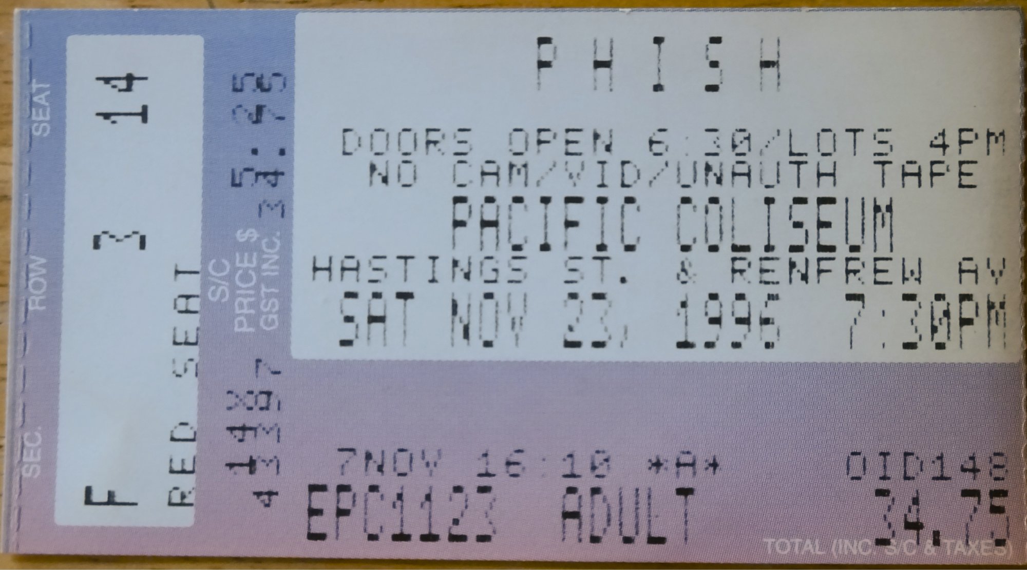 Ticket for 1996-11-23 at Pacific Coliseum