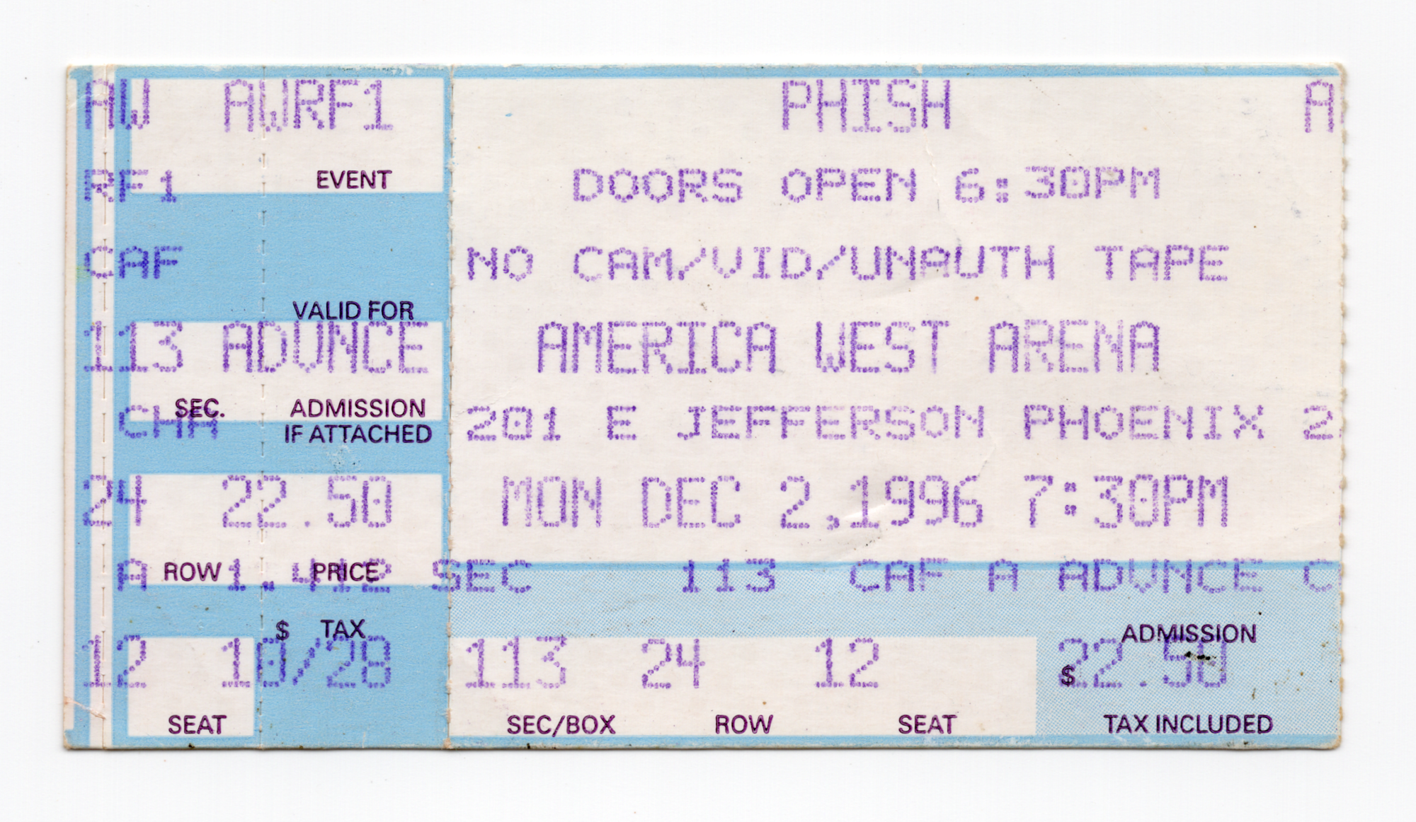 Ticket for 1996-12-02 at America West Arena