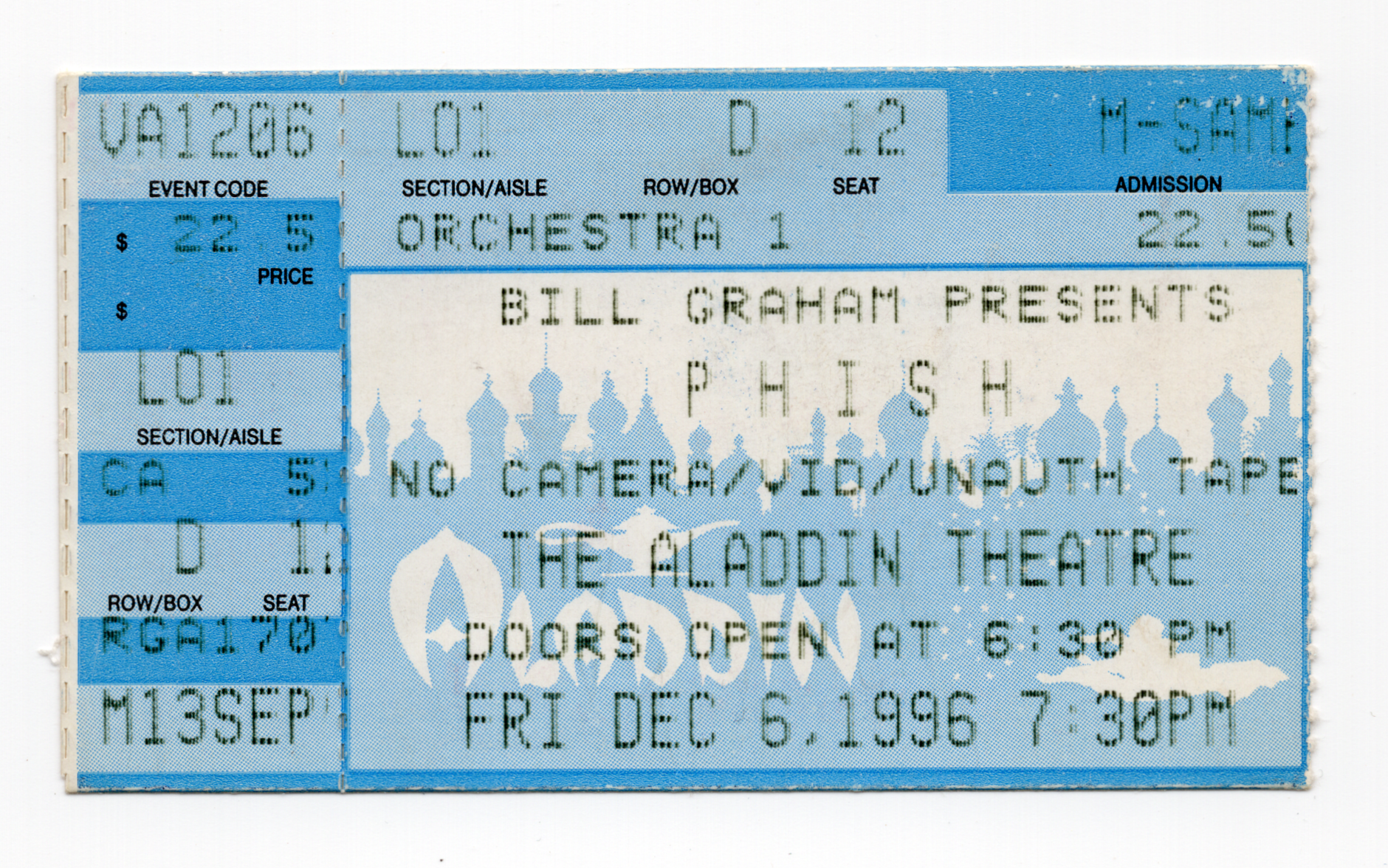 Ticket for 1996-12-06 at The Aladdin Theatre