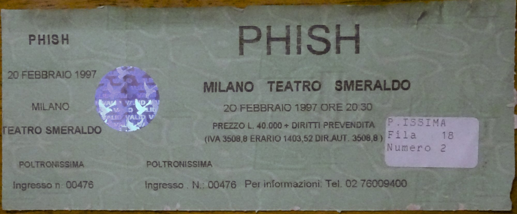 Ticket for 1997-02-20 at Teatro Smeraldo