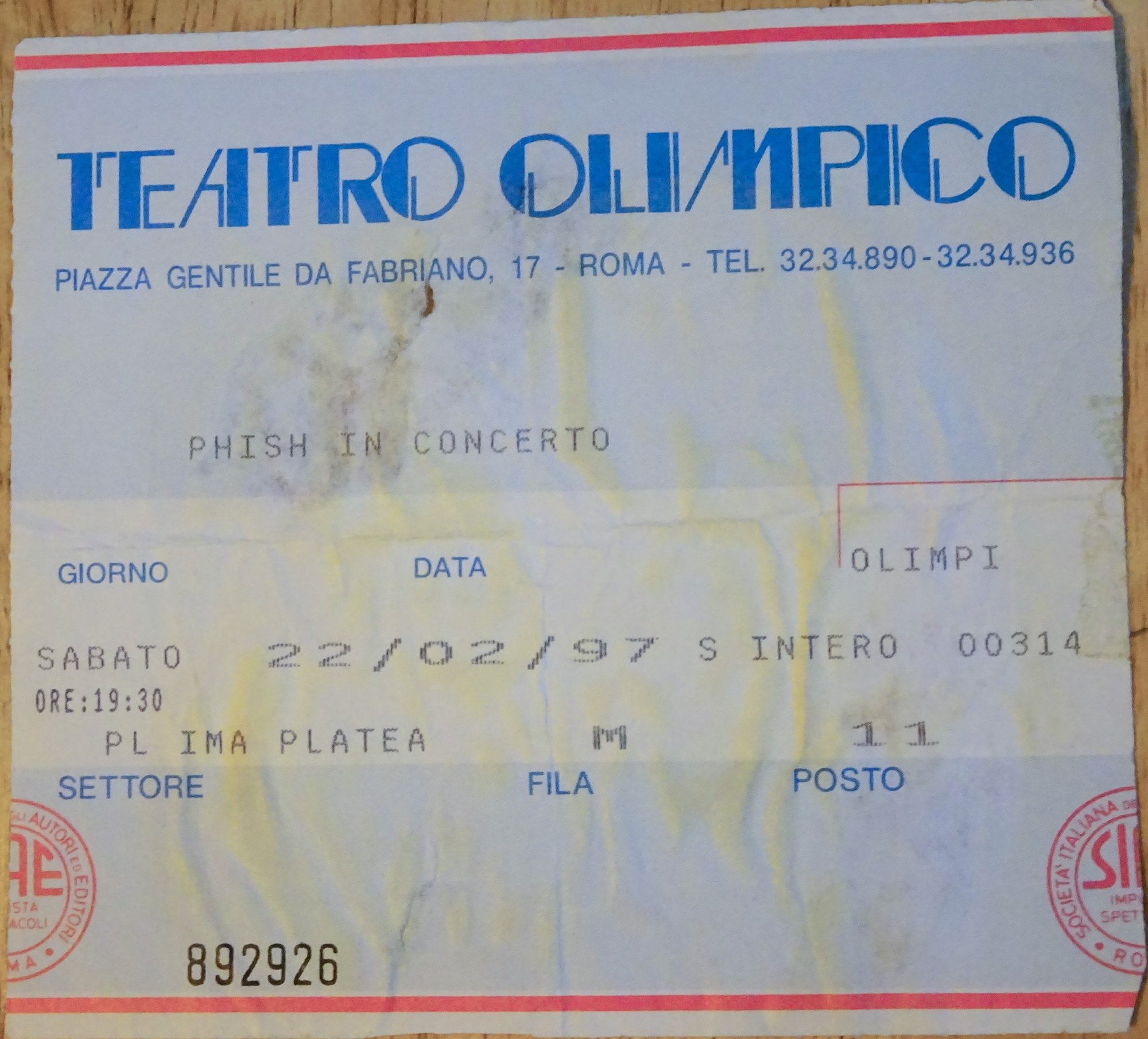 Ticket for 1997-02-22 at Teatro Olimpico