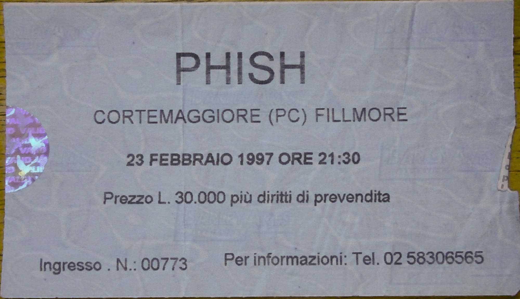 Ticket for 1997-02-23 at Fillmore