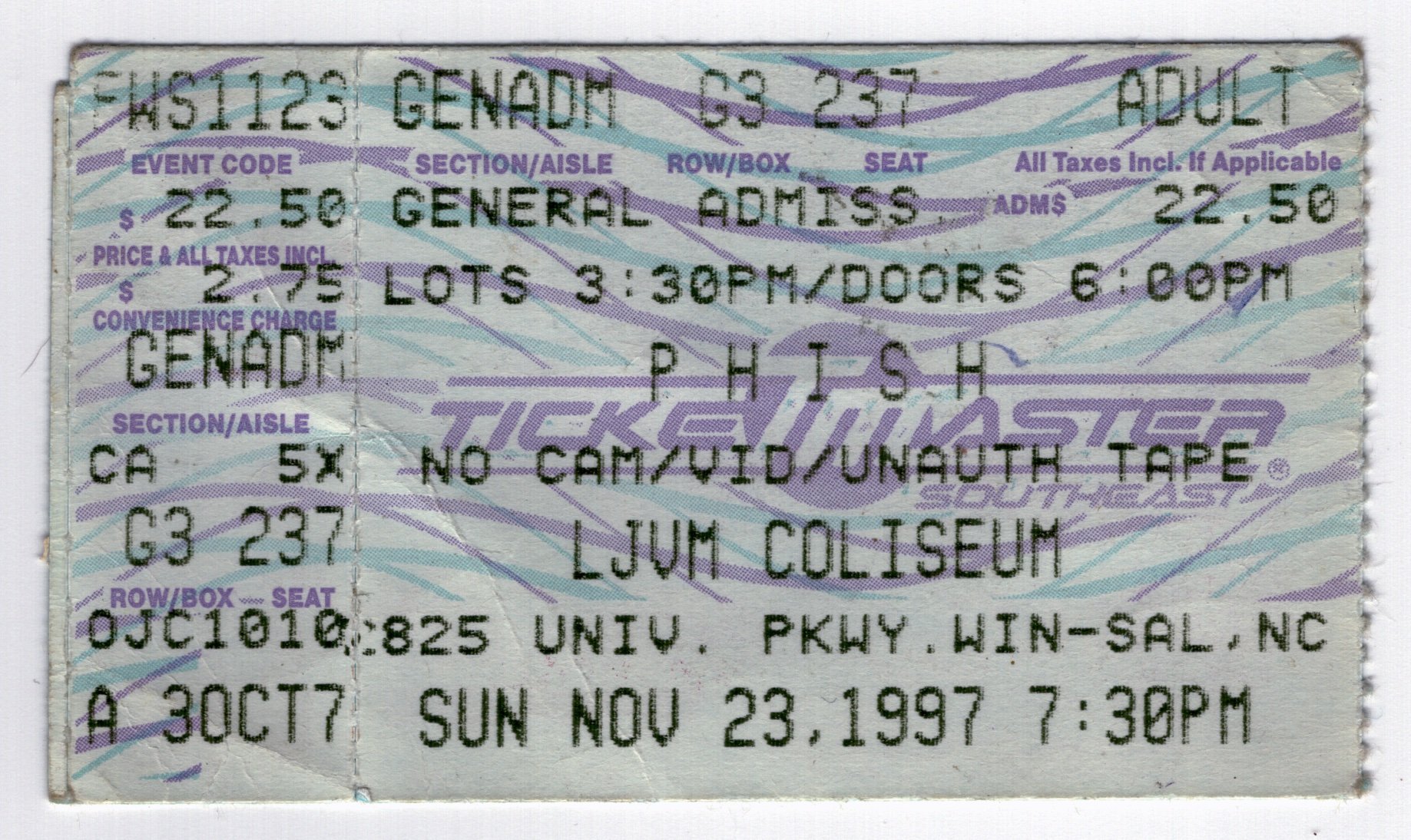 Ticket for 1997-11-23 at Lawrence Joel Veterans Memorial Coliseum-