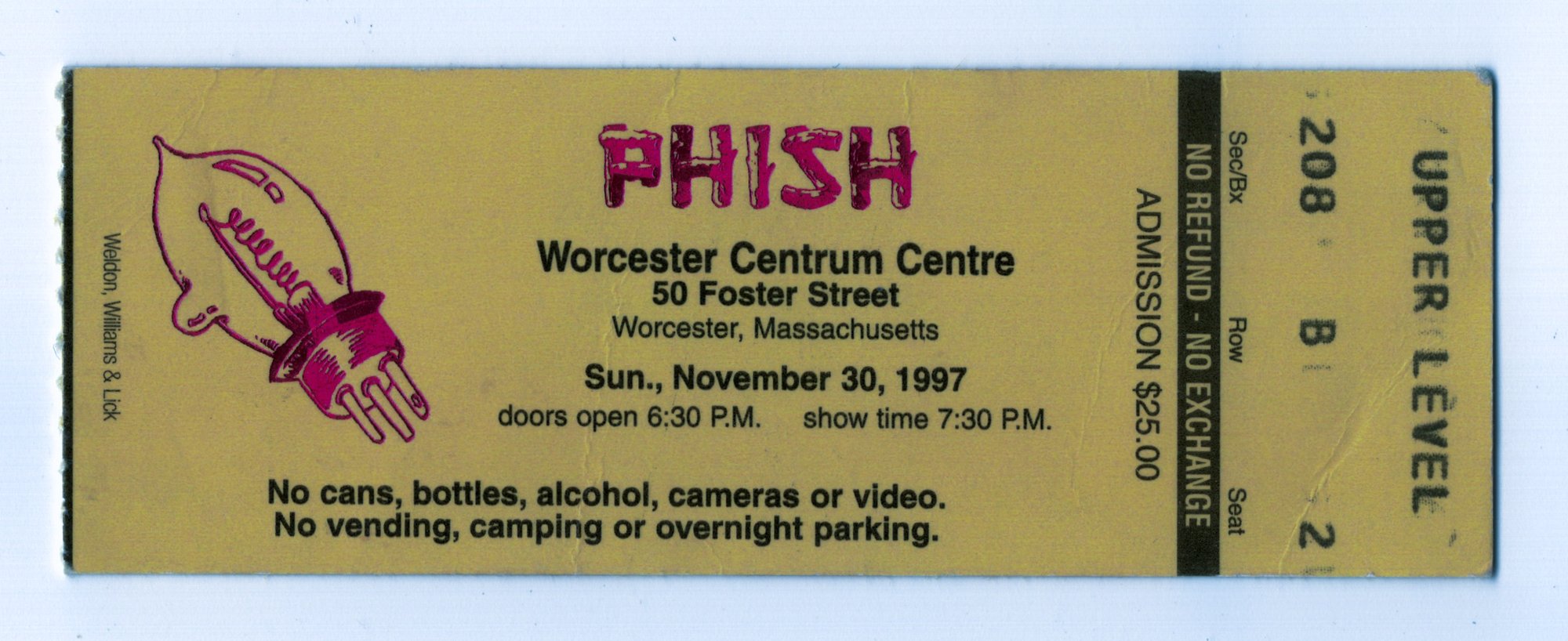 Ticket for 1997-11-30 at Worcester Centrum Centre