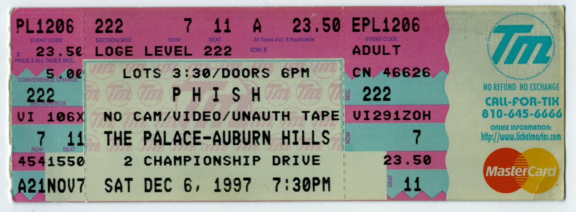 Ticket for 1997-12-06 at The Palace