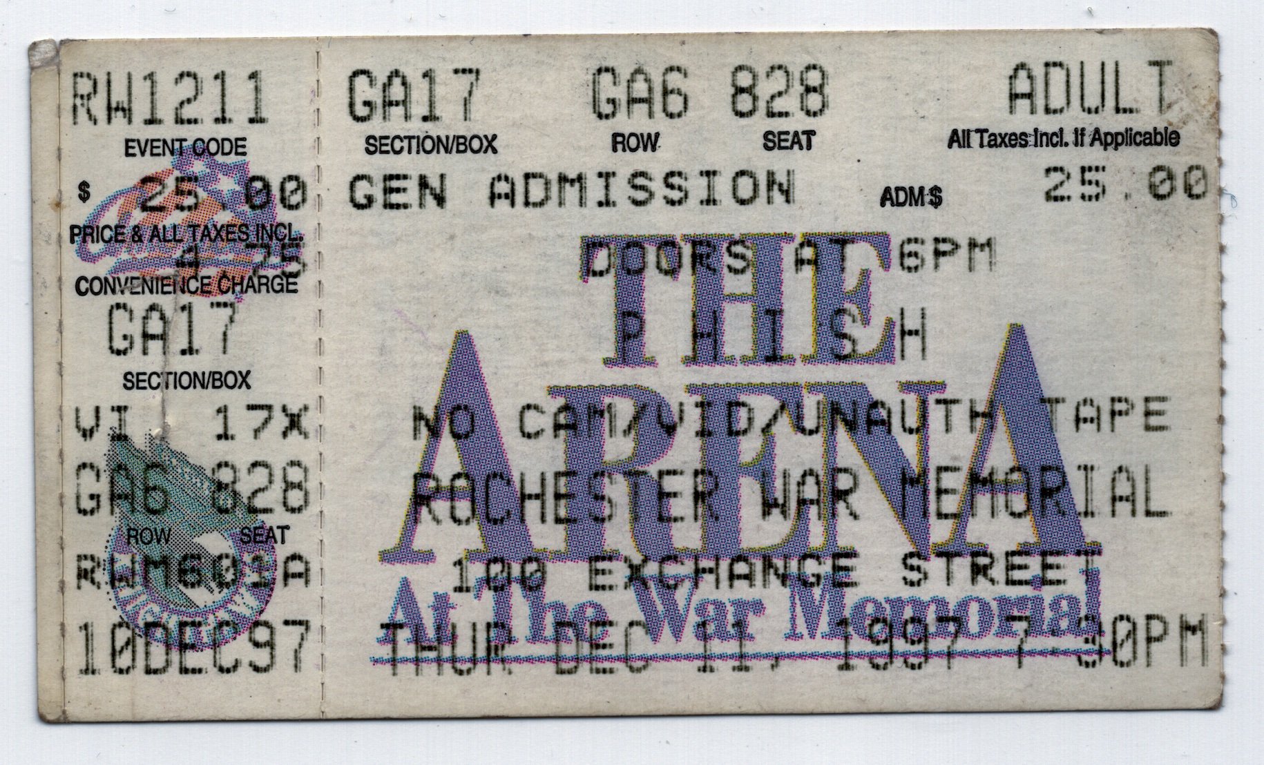 Ticket for 1997-12-11 at Rochester War Memorial