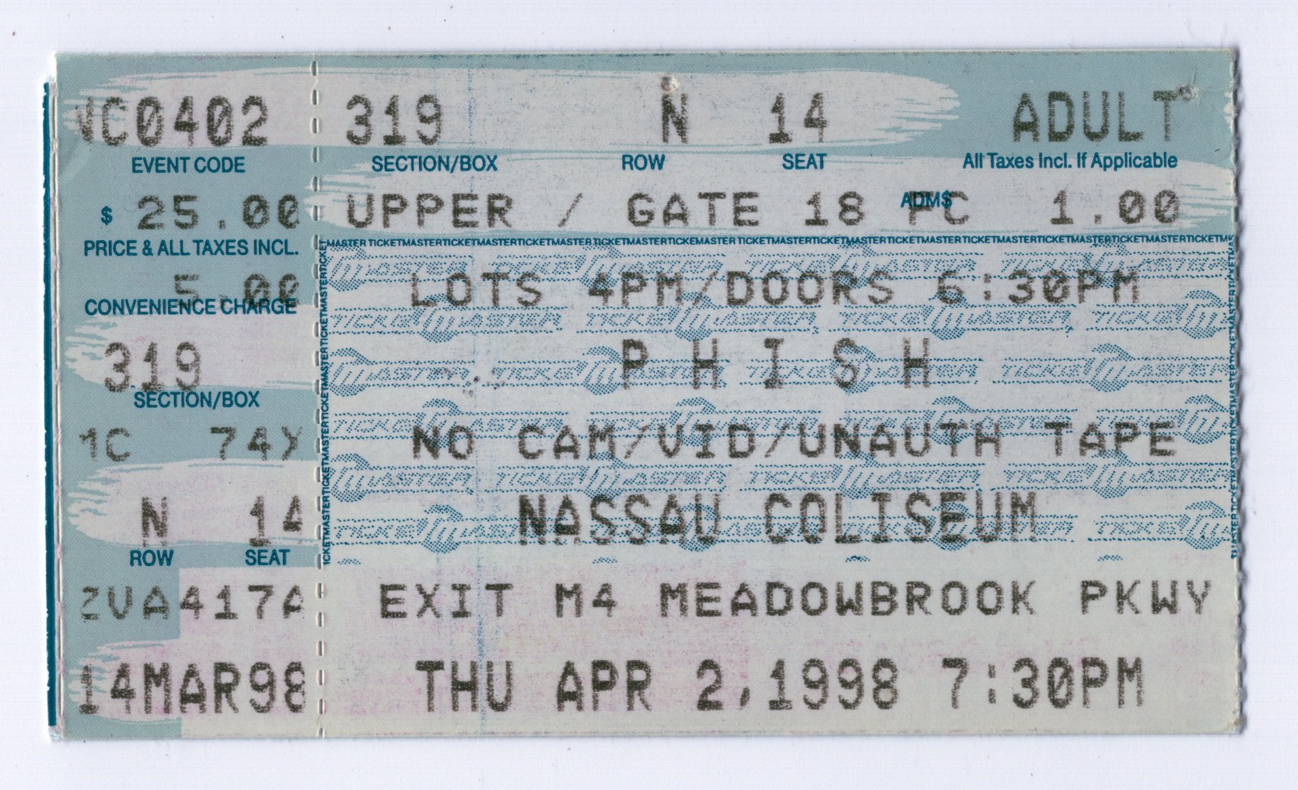 Ticket for 1998-04-02 at Nassau Coliseum