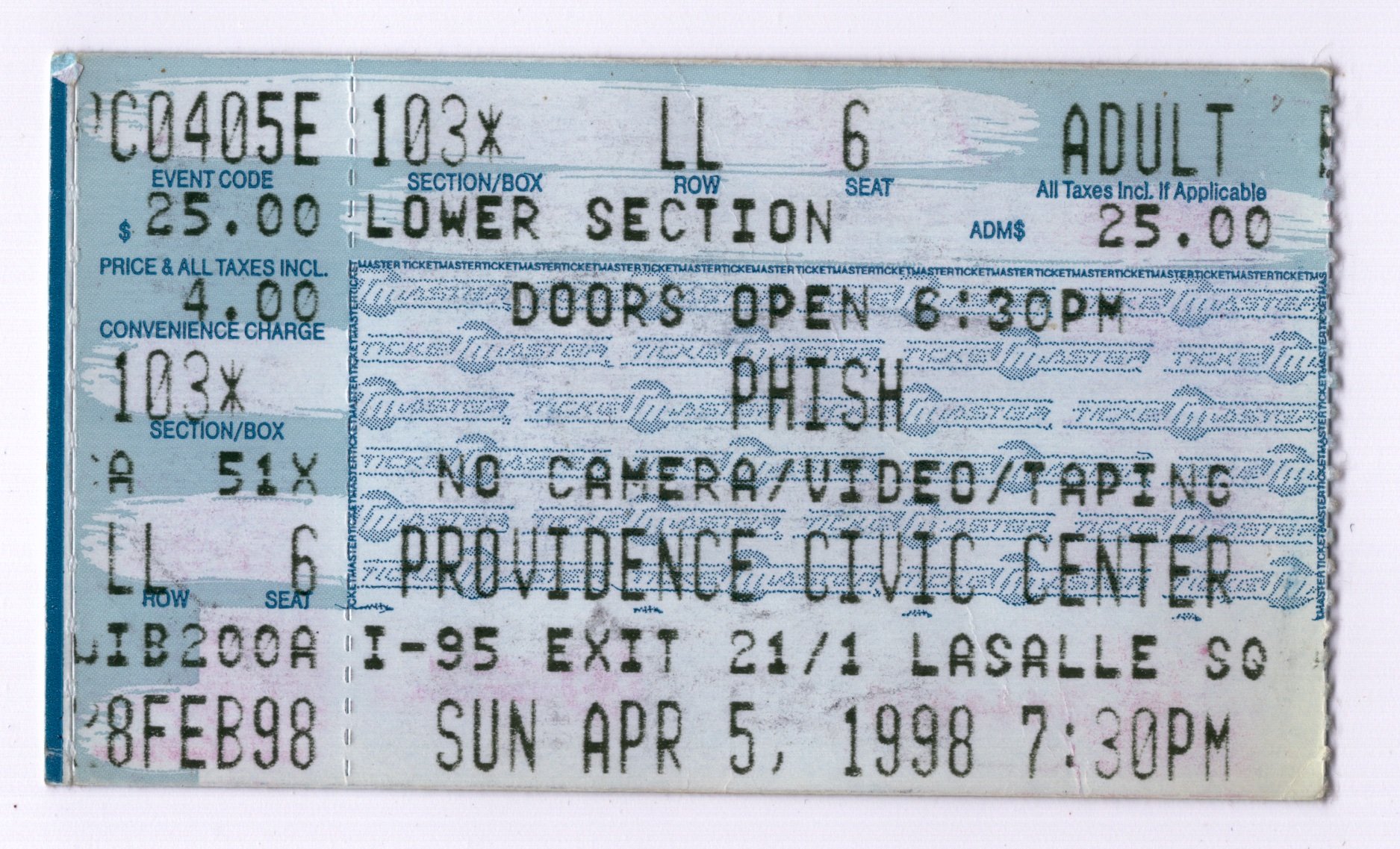 Ticket for 1998-04-05 at Providence Civic Center