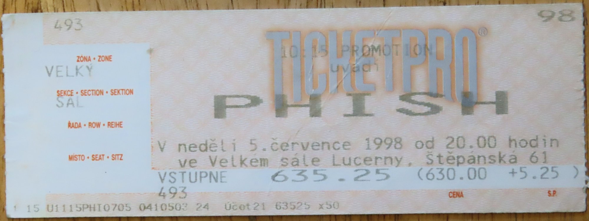 Ticket for 1998-07-05 at Lucerna Theatre