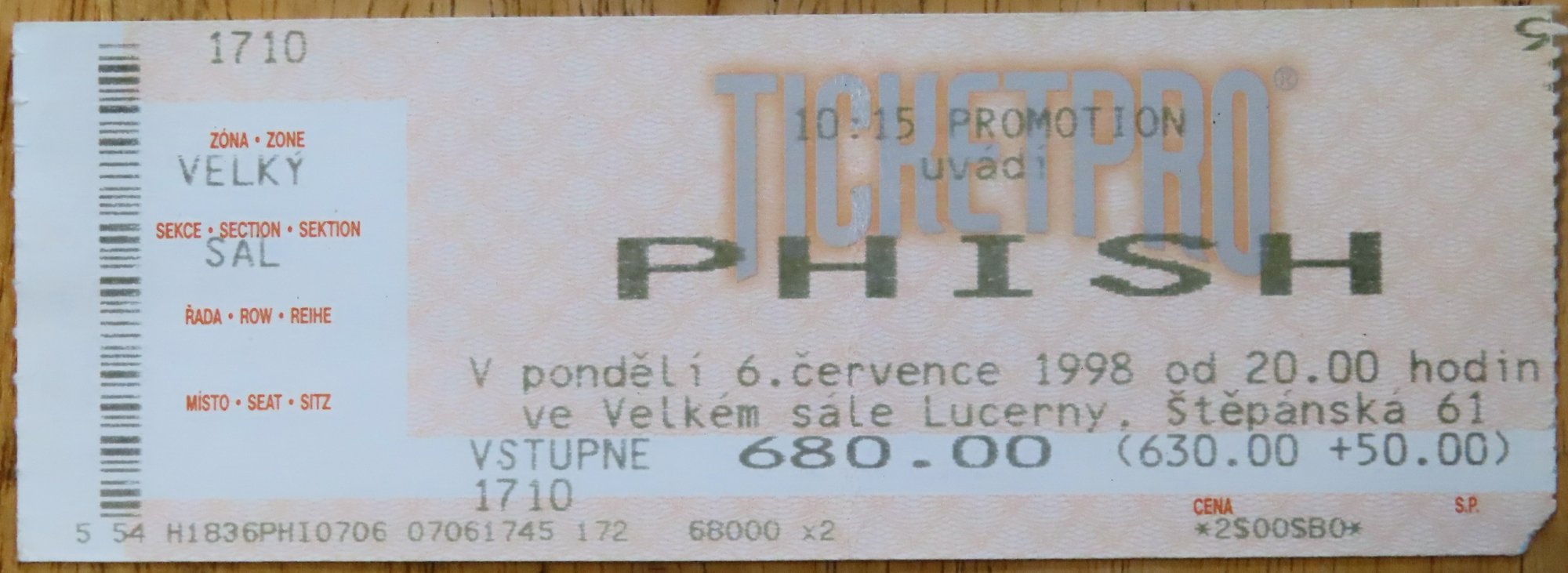 Ticket for 1998-07-06 at Lucerna Theatre