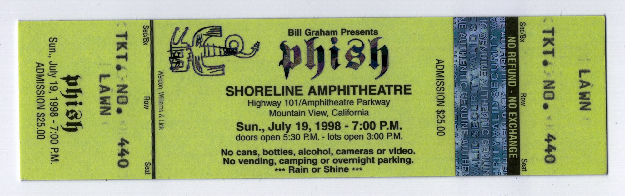 Ticket for 1998-07-19 at Shoreline Amphitheatre