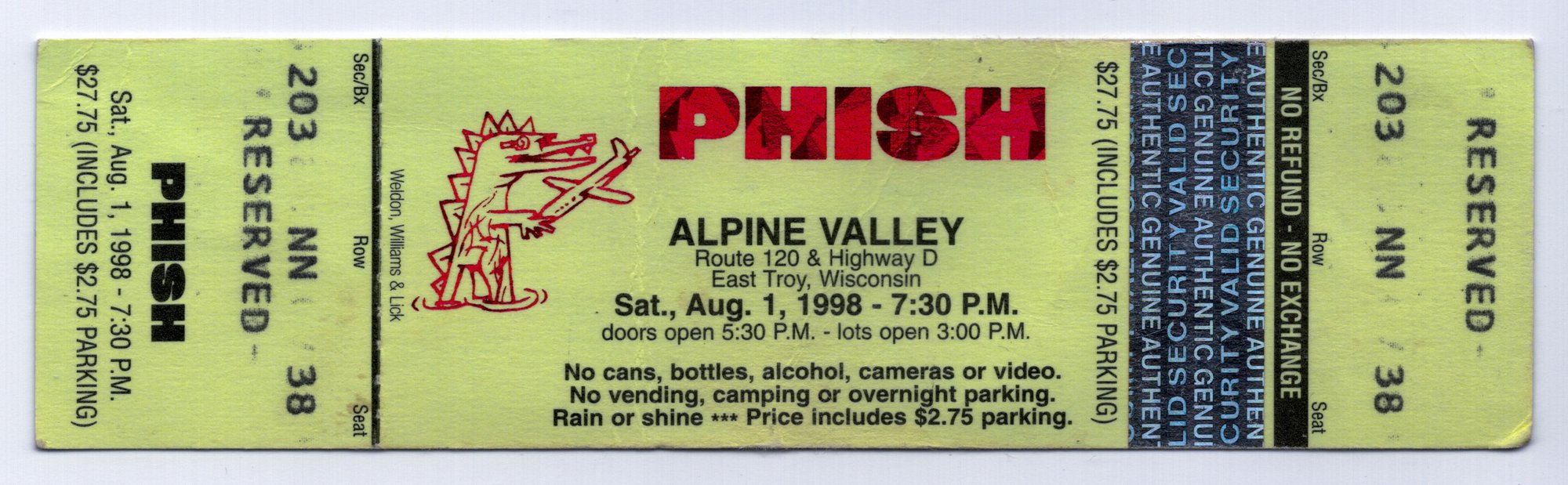 Ticket for 1998-08-01 at Alpine Valley