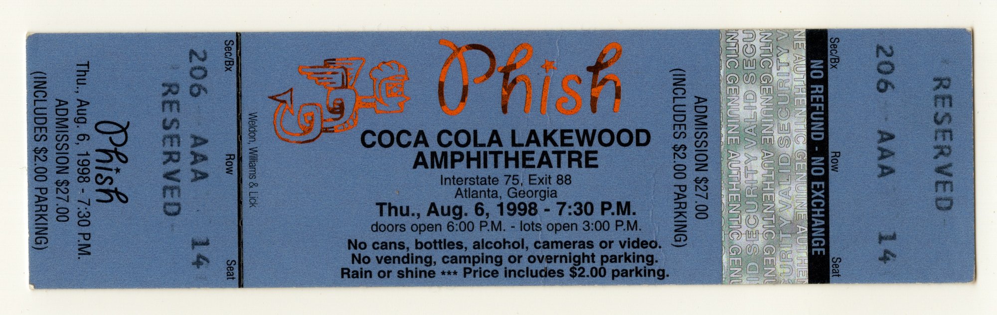 Ticket for 1998-08-06 at Lakewood Amphitheatre