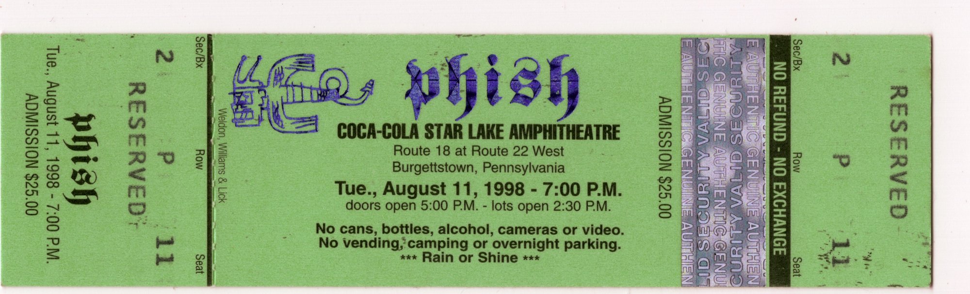 Ticket for 1998-08-11 at Star Lake Amphitheatre